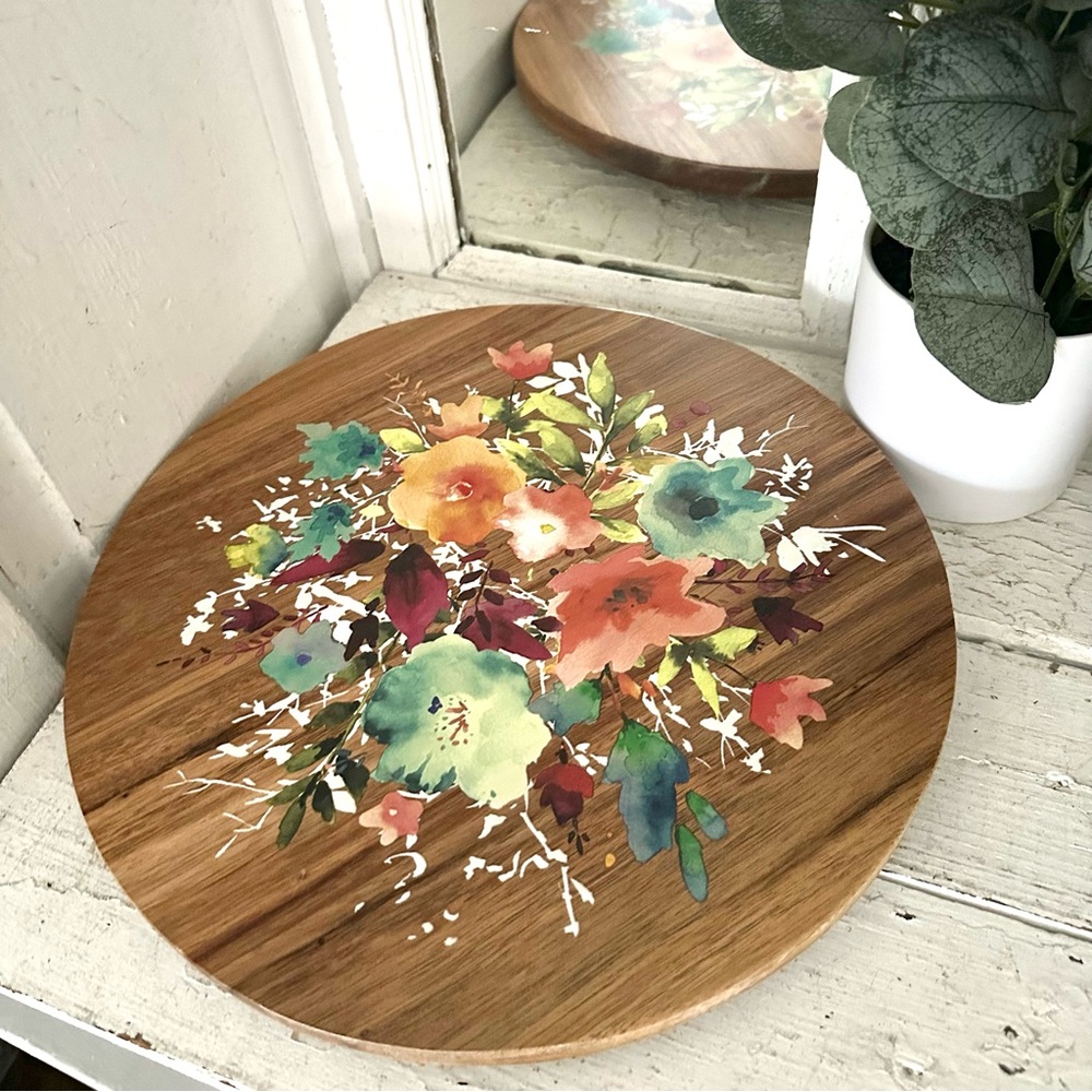 Pioneer Woman Willow Revolving Food Server Lazy Susan Floral Turntable Wood Tray